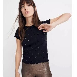 Madewell Black Gold Metallic Dot Lettuce Hem Ruffle Fitted Baby Tee Size XXL